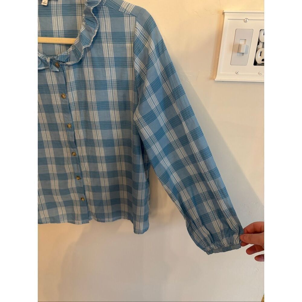 Madewell Colwell Plaid Ruffle Neck Blouse Small Blue Button Up Peasant Top Cotto - Picture 5 of 8